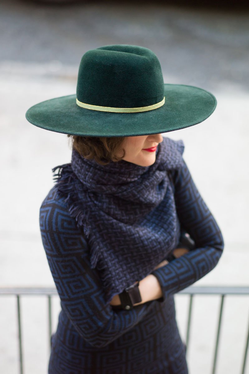 By Vlada hat designer wearing her flotus green felt hat and scarf